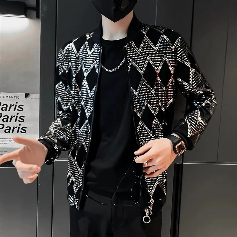 Sequin Diamond Bomber Jackets for Men Silver Plaid Fashion
