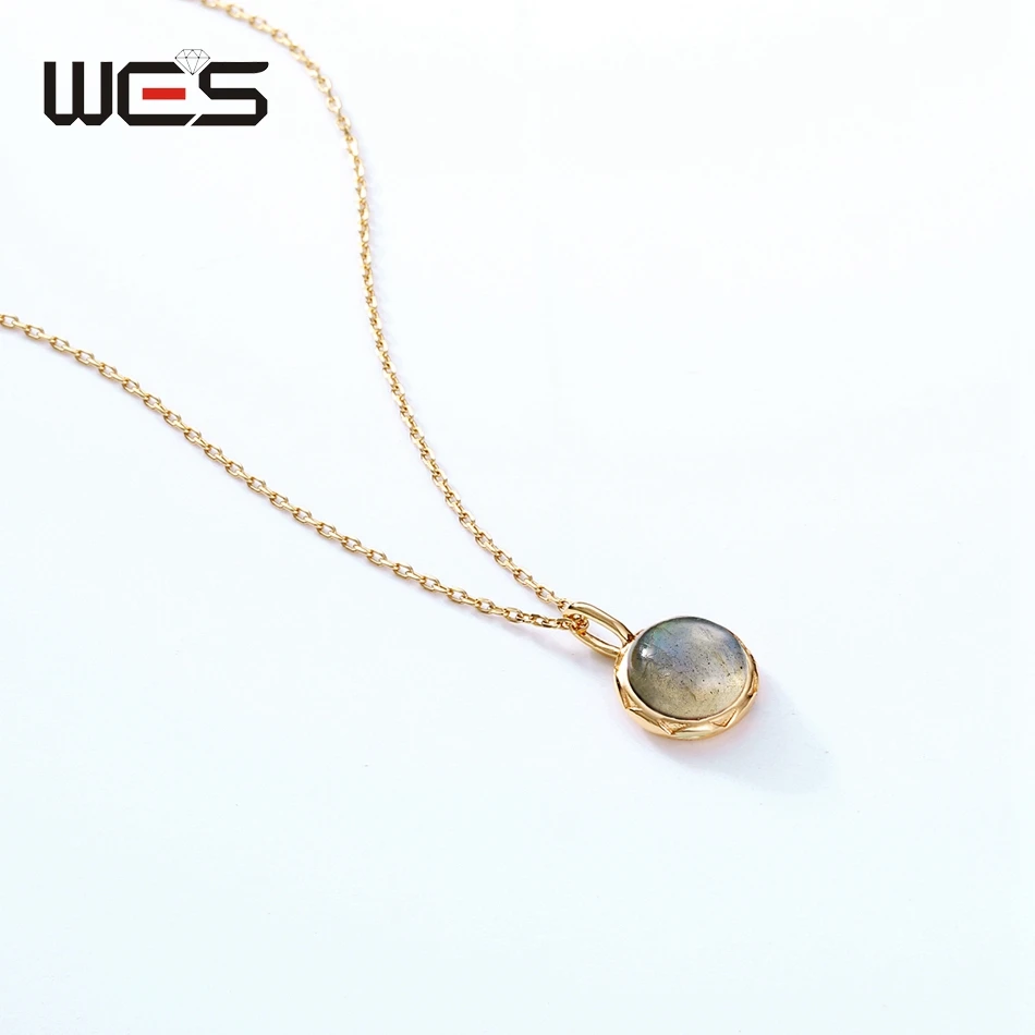 WES 925 Sterling Silver Single Stone Labradorite Pendant Necklace for Women Gold Plated Fine Jewelry Engagement Band