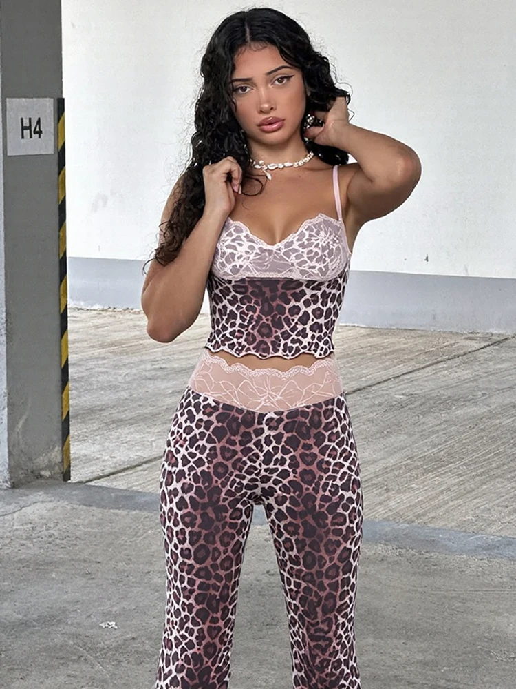 Nibber Street 2Piece Set Woman Lace Patchwork Low-Neck Backless Camisole Tops+Elastic Waist Pants Leopard Print Wild Style Suits
