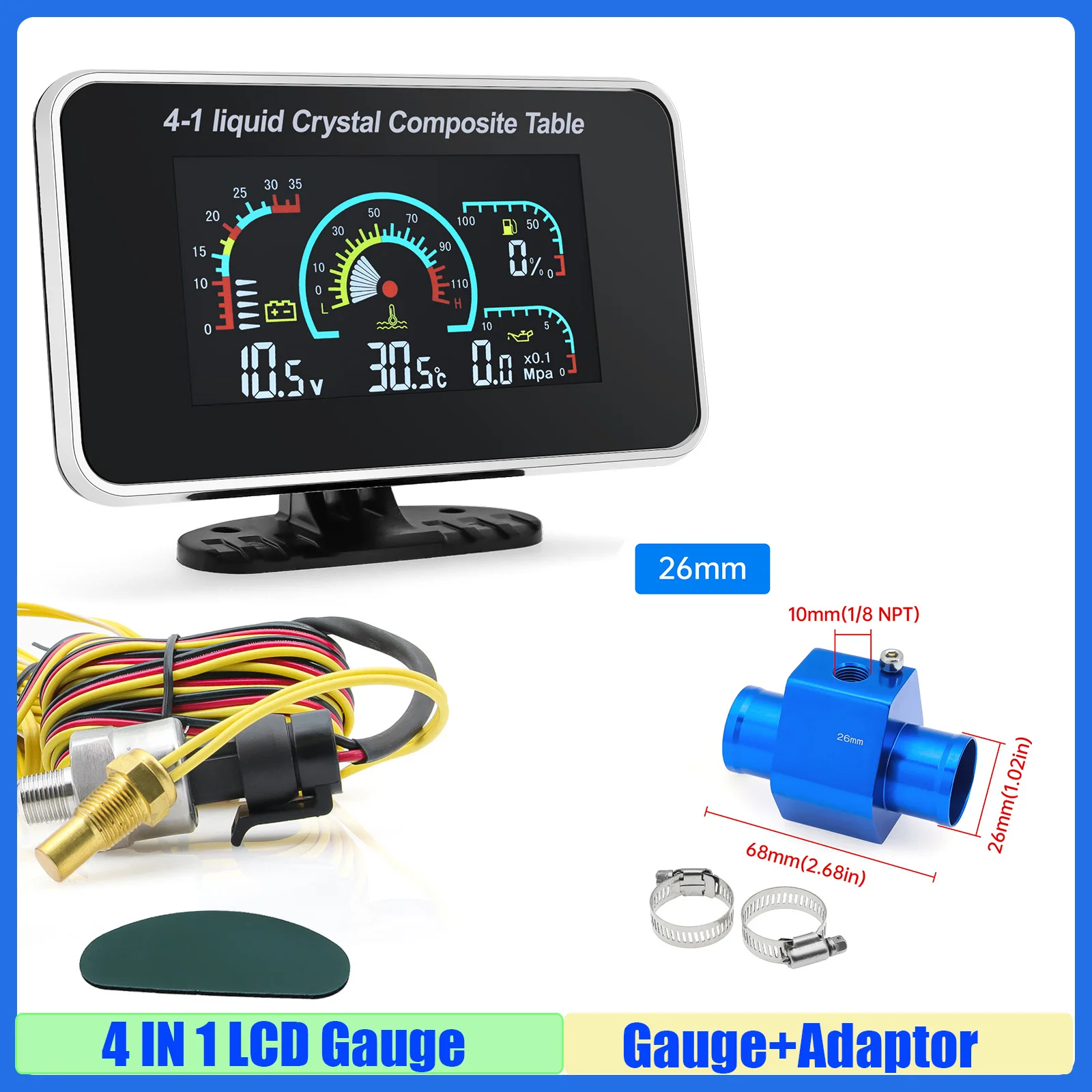 

4 In 1 LCD Gauge Water Temperature+Oil Pressure+Fuel Level+Voltmeter with Sensor Water Temp Joint Pipe Sensor 26-40mm Car 12V24V