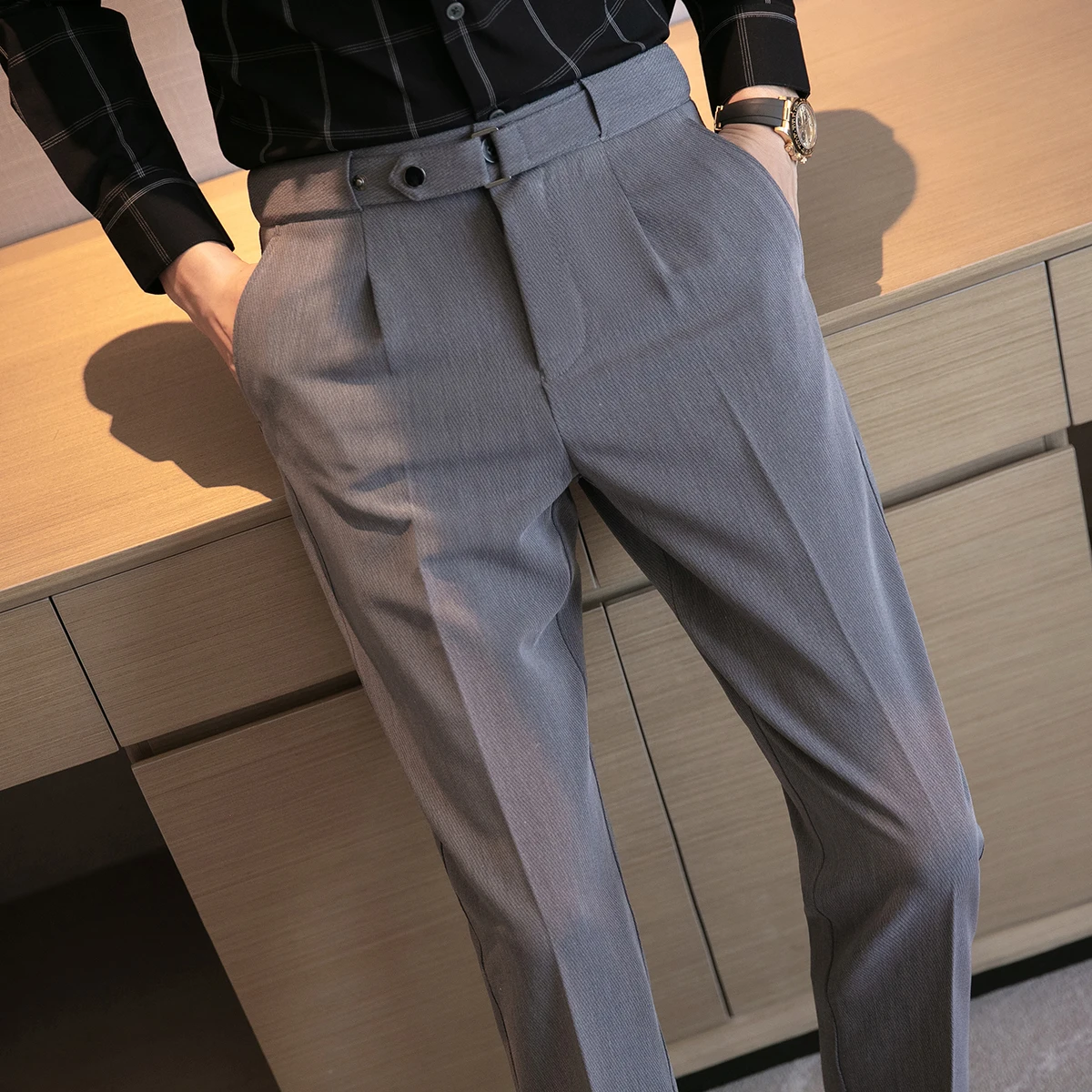 2022Autumn Winter Men Dress Pants Woolen Warm Business Formal Social Suit  Pants Casual Slim Striped Fit Cigarette Trousers Men - AliExpress