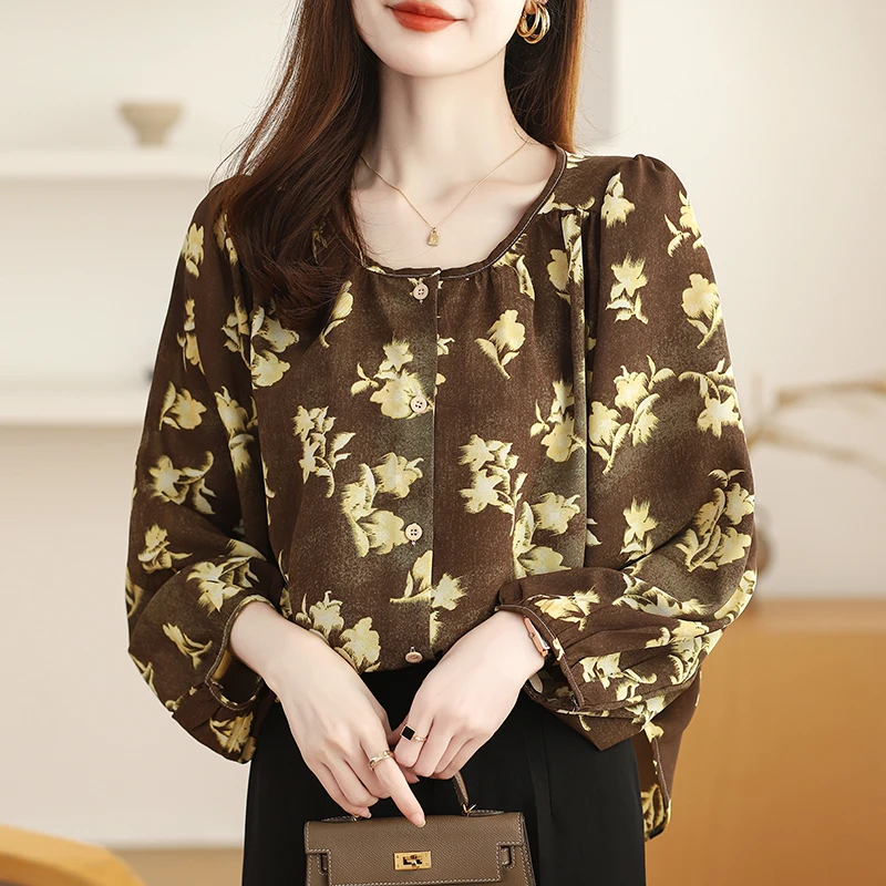 

Chiffon Women's Shirts Spring/Summer Retro Prints Blouses O-Neck Floral Clothing Loose Long Sleeve Women Tops YCMYUNYAN