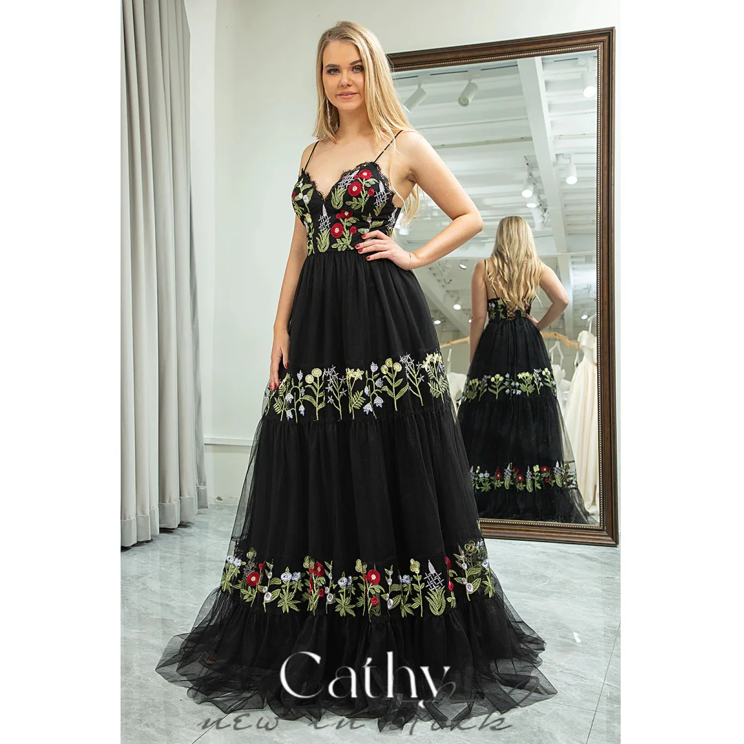 

Cathy Black Lace Appliques Prom Dresses Spaghetti Strap Tulle فساتين السهرة Elegant Sleeveless Floor-Length vestidos verano moda