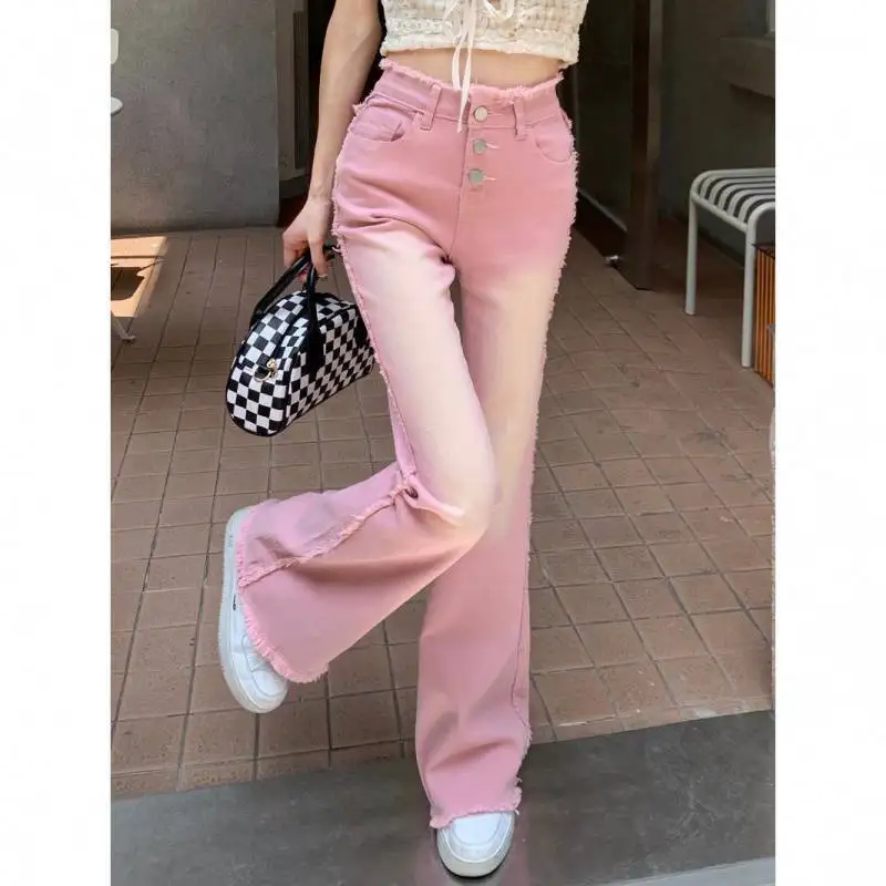 Summer Pink Chic Ripped Jeans Women High Waist Multi-Button Wide Leg Pants Solid Colors Casual Commute Trousers Black Streetwear