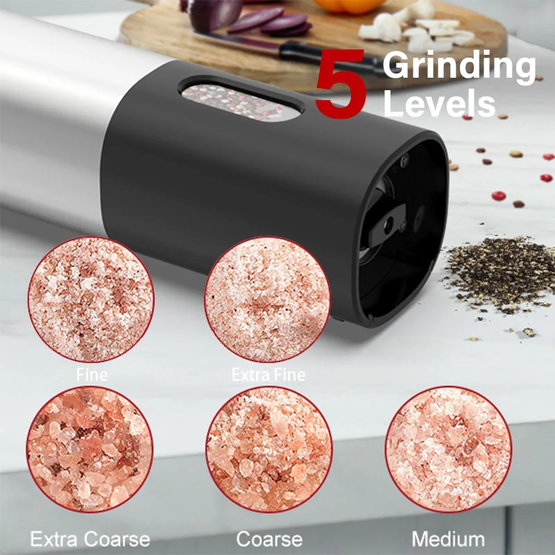 Electric Black Pepper Grinder, Automatic Adjustable Coarseness Salt and Pepper Mill Battery Operated Refillable Stainless Steel