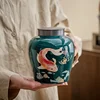Modern Green Carp Ceramic Decoration Jar Porch Living Room Ornament Alloy Lid Sealed Tea Caddy Storage Container Home Decoration 1