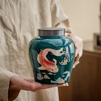 Modern Green Carp Ceramic Decoration Jar Porch Living Room Ornament Alloy Lid Sealed Tea Caddy Storage Container Home Decoration 1