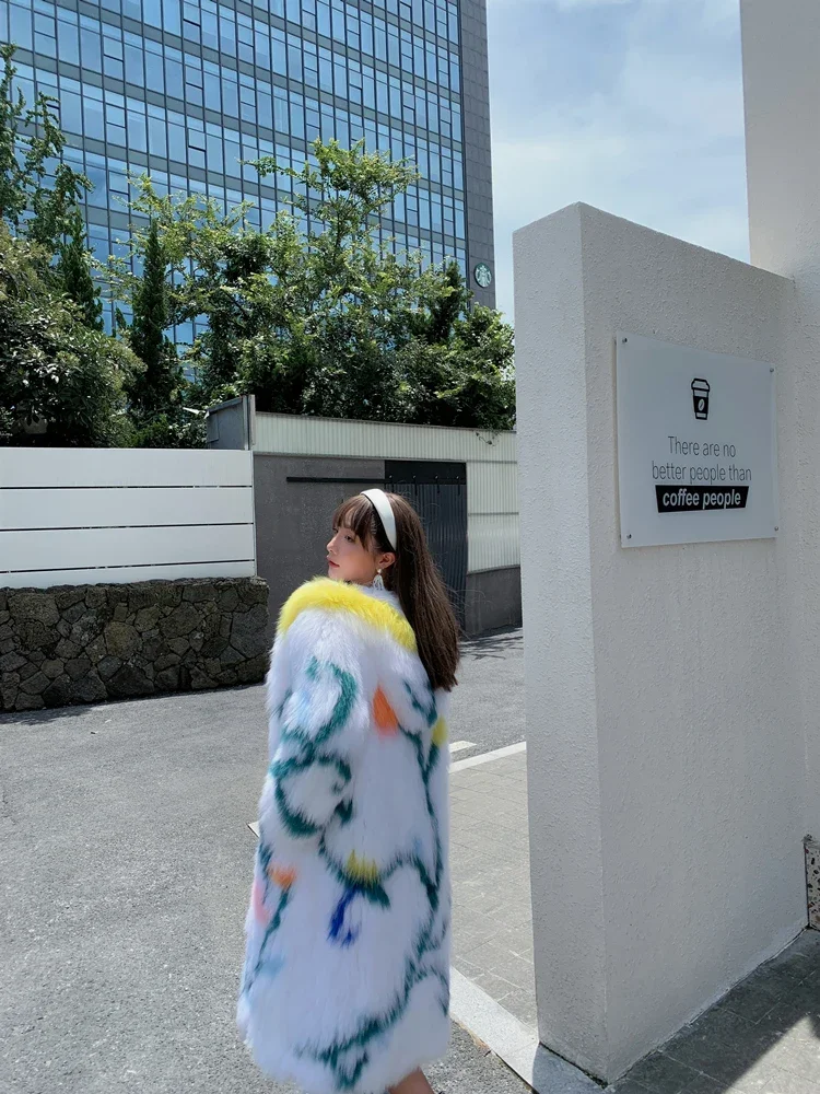 Imported Fox Hair Woven Fur Coat Mid-length Hooded Slimming Knitted Thick Warm Fur Casual Women Jacket for Women Color Contrast