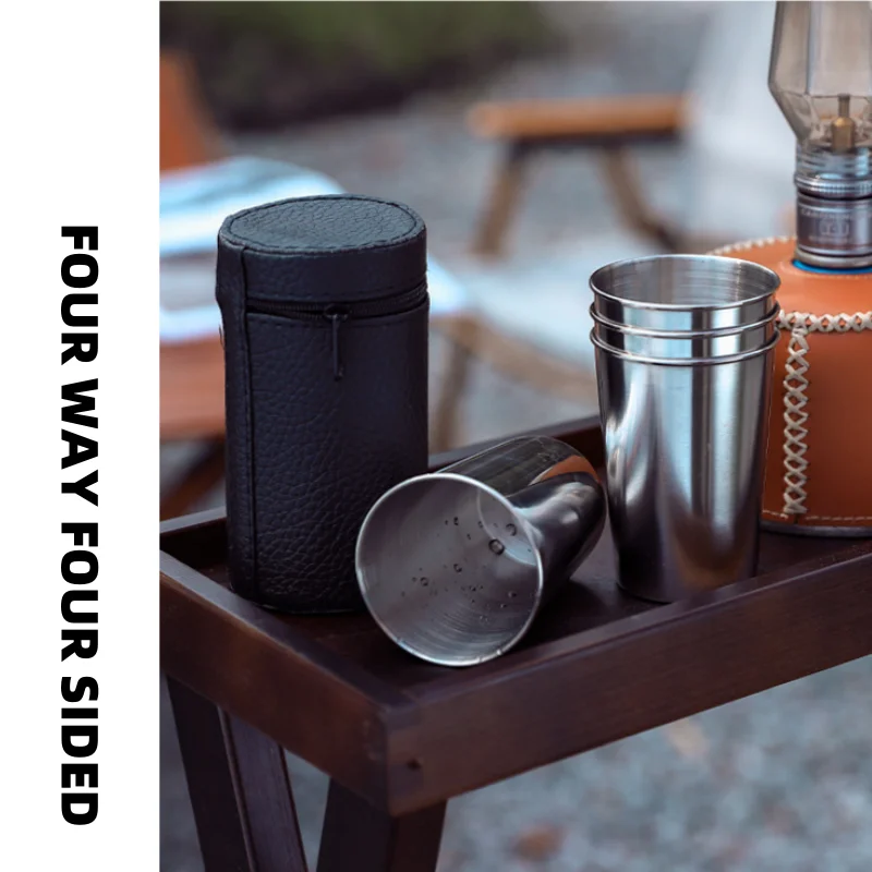 4-piece Stainless Steel Mini Water Glass with Black Leather Outdoor Camping Practical Travel Whiskey Wine Glass 30ml/70ml/160ml portable cups