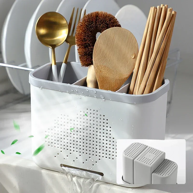 Kitchen Double Layer Drain Chopsticks Cage Multifunction Cutlery Hollow Drainer Storage Rack Knife Holder Tableware Organizer 2