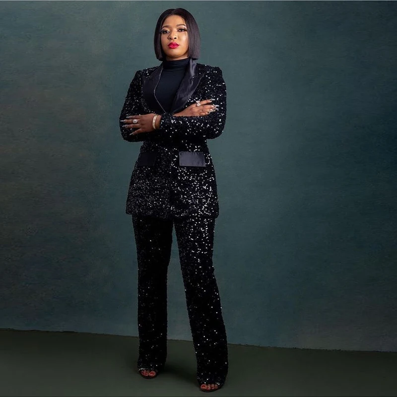 

Sparkling Sequins Black Women Suits 2 Pieces Office Set Blazer+Pant Evening Party Prom Dress Custom Made костюм женский