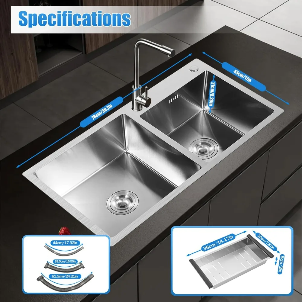 30 Inch Double Bowl Drop-in/Topmount Kitchen Sink Steel Kitchen Sink with Drainage Pipes and Fruit Baskets for Kitchen Bathroom 2