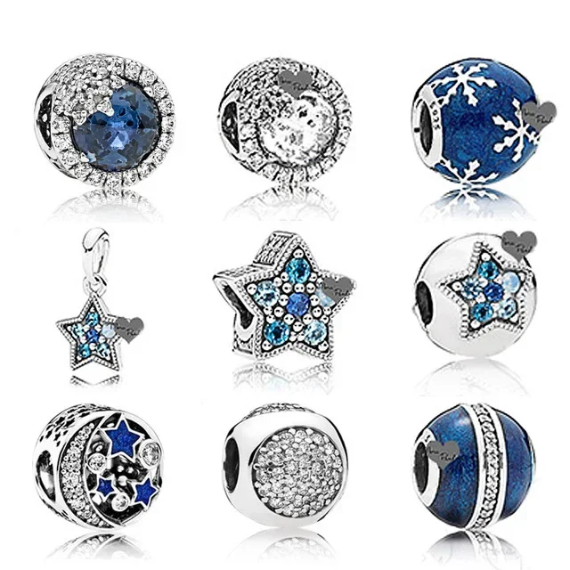 

NEW NEW Winter Blue Enamel Snowflake 100% 925 Sterling Silver Pan Charm Bead Blue moon Fit Bracelet DIY Jewelry Making
