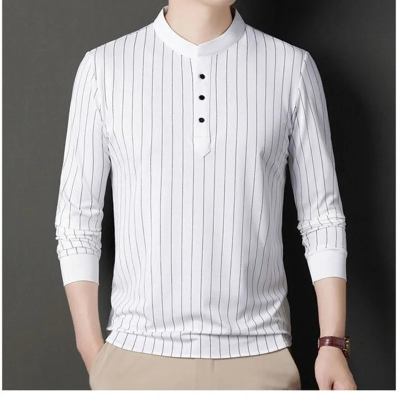 

Solid Autumn Men's Vertical Stripe Standing Neck Long Sleeve T-shirt Men's Spring Fashion Button Loose Comfortable Casual Top