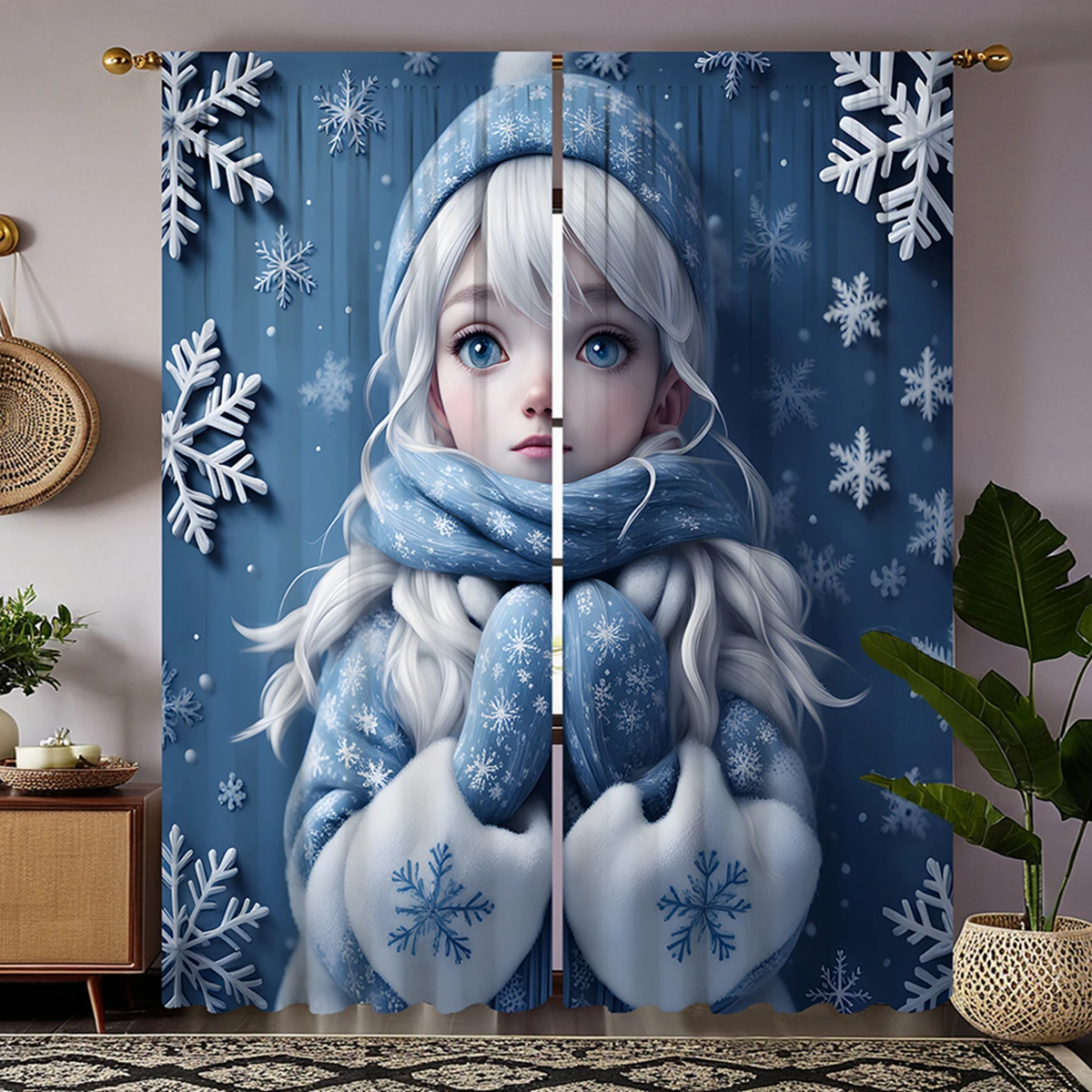 2pcs  HD Frozen Girl Decorative curtain Blue tie digital printed curtain Home Decoration style Decoration living room bedroom 2