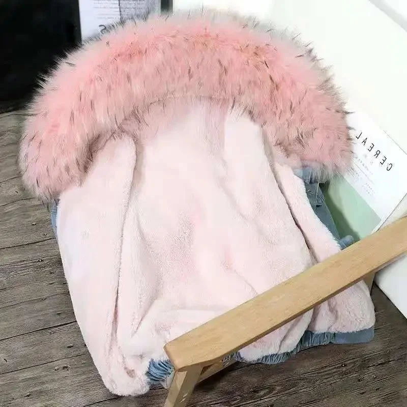 2023 Autumn/Winter Denim Coat Women's Korean Version Loose Fit Female Student Plush Thickened Large Fur Collar Hooded Coat Women