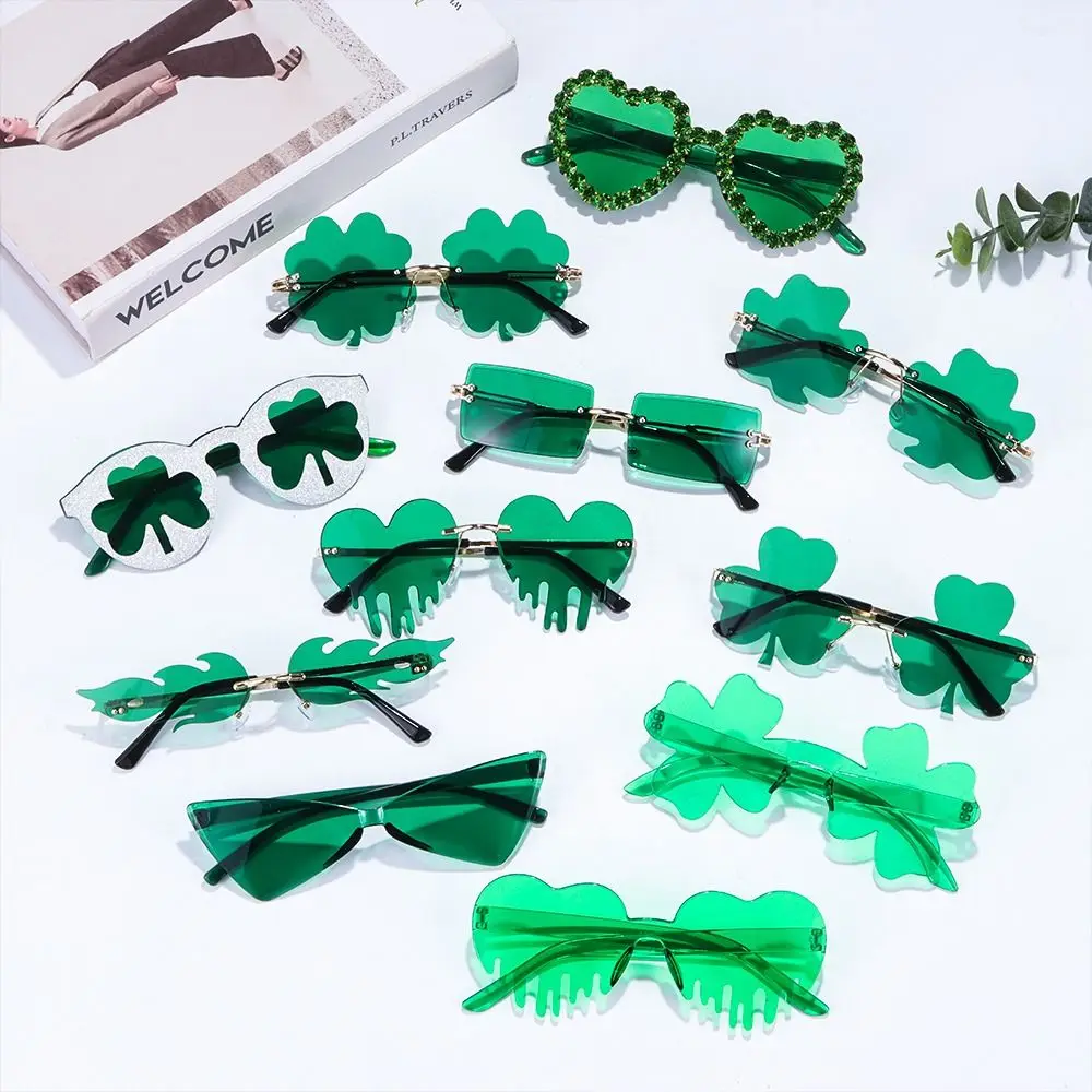 

St. Patrick's Day Irish Shamrock Sunglasses Green Four Leaf Clover Leprechaun Costume Glasses Fashion Rimless Sun Glasses