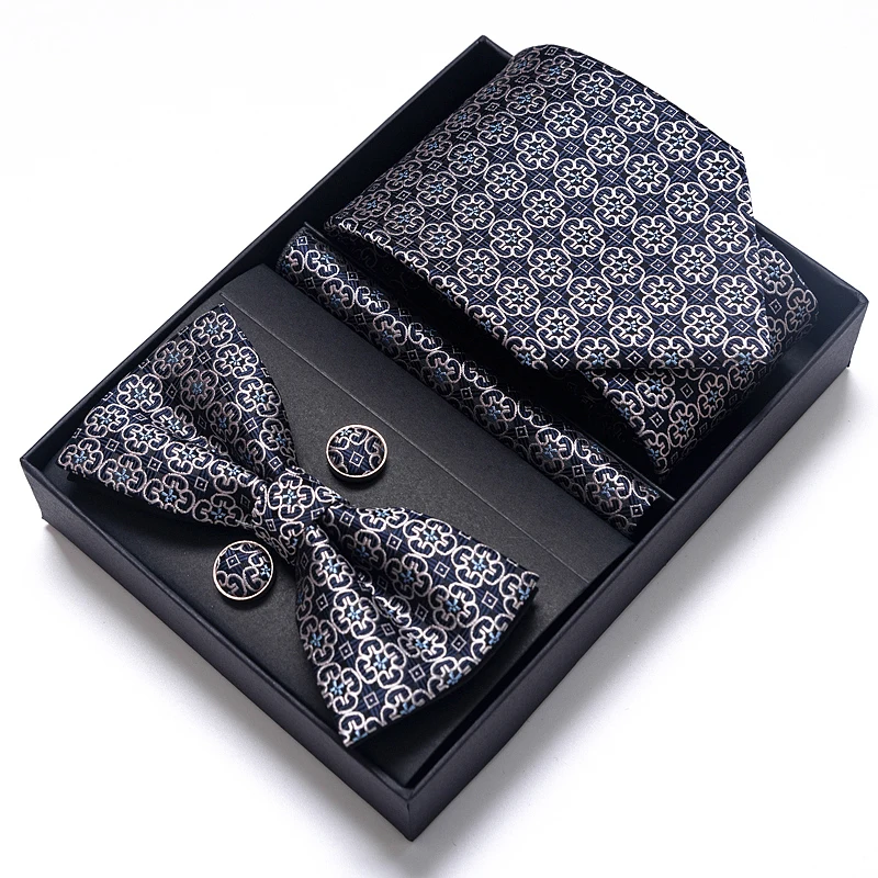 

Hot sale Silk Tie Hanky Pocket Squares Cufflink Set Bow Tie Necktie Box hombre Geometric Purple Formal Clothing Wedding