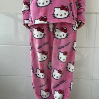 2Pcs/Set Hello Kitty Pajamas Pants Anime Sanrio Sleepcoat Cartoon Cute Home Wear Couple Loungewear Warm Pajama Set Girl's Gift - Image 4