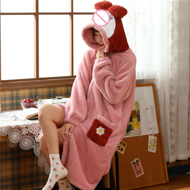 Women Bathrobe Winter Flannel Warm Robes Kawaii Sleepwear Velvet Pajamas Negligee Hooded Long Sleeve Nightwear Lounger Wear