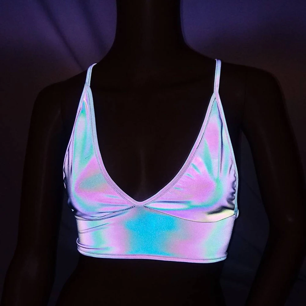 

Sexy Holographic Bralette Crop Top Strap Reflective Fashion Camis Hot Summer Women shiny V Neck Sleeveless Backless Tanks Tops
