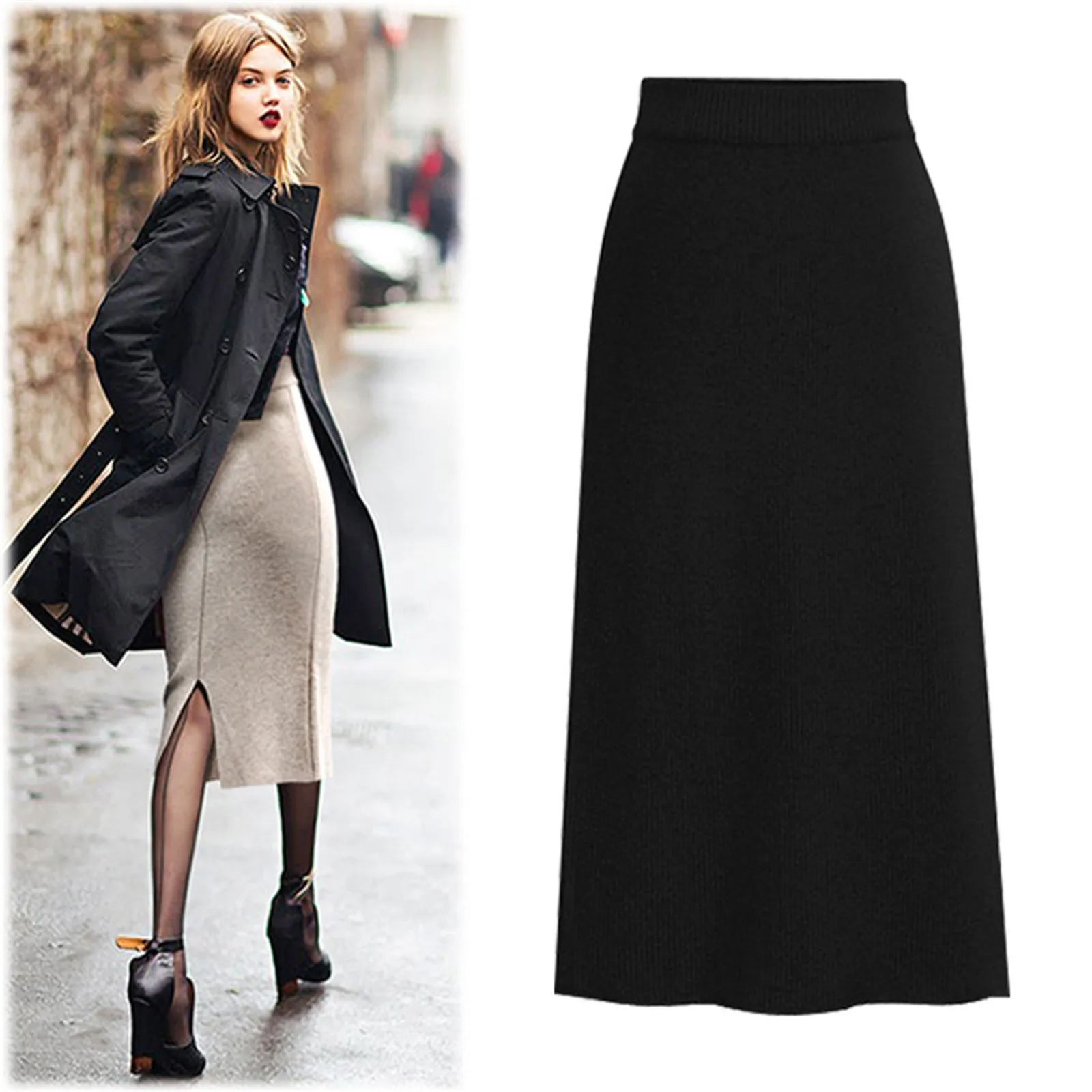 Womens Woolen Split High Waist Long Pencil Skirt - Image 3