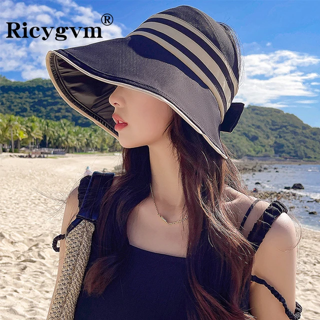 UPF50+ Vinyl Sun Hat Stripe Woman Wide Brim UV Protection Foldable