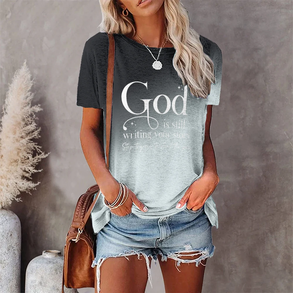 

Новинка 2024, женская футболка с надписью God With You, кроп-топ большого размера, женская одежда, модная летняя рубашка с коротким рукавом