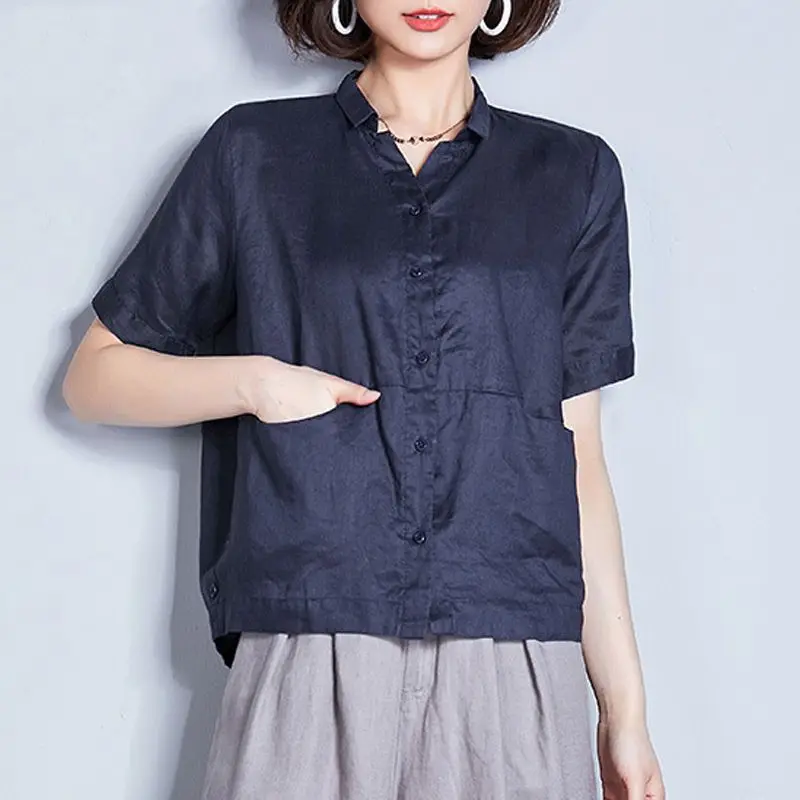 Elegant V-Neck Spliced Button Pockets Loose Shirt Women's Clothing 2023 Summer New Casual Tops All-match Office Lady Blouse