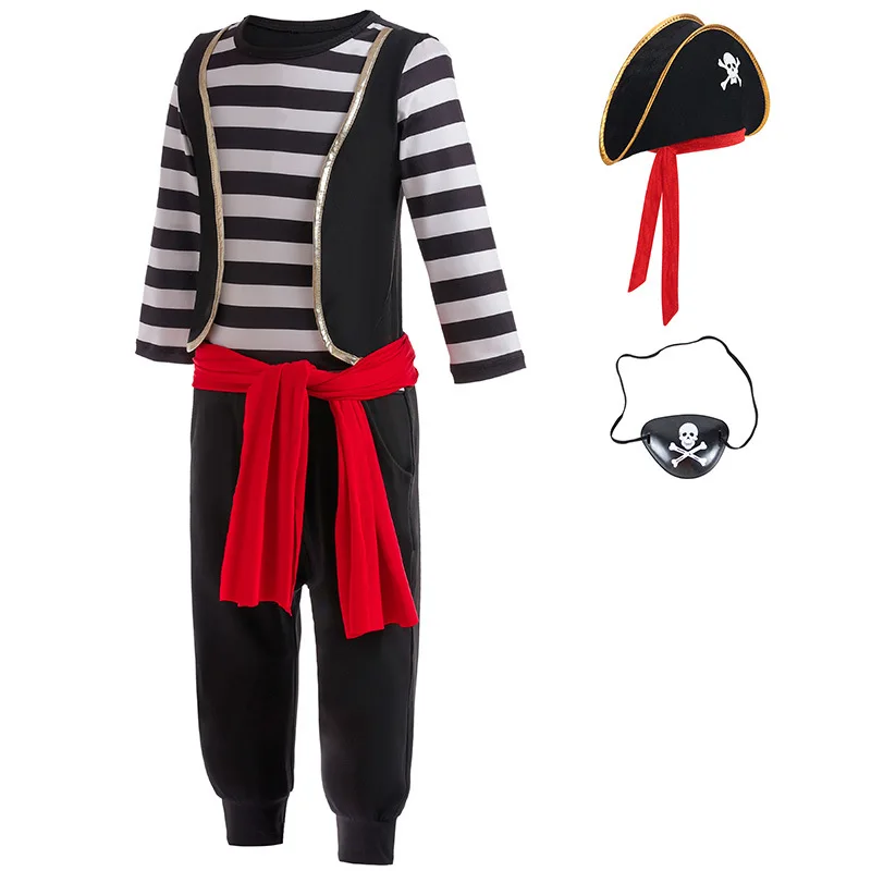 2026 Carnival Costume Boy Captain Sets Pirate Costume For Kids Striped Long Sleeve Top +Pant Suit With Eye Patch Hat Pirate Set 5