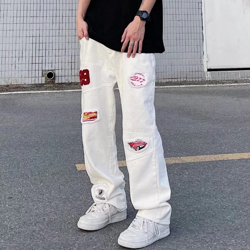 

High Street Vintage Jeans with Men's and Women's Embroidery Logo Fashion Trendy Hip Hop Straight Sleeve Loose Pants Y2k