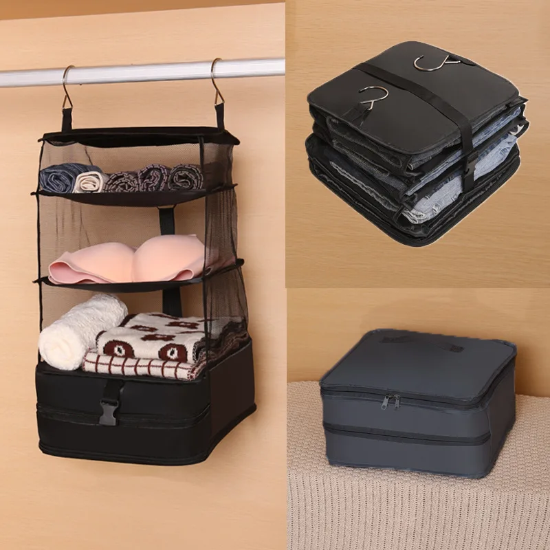 Hanging Portable Luggage Suitcase Carry On Closet Shelving Organizer Compression Packing Cubes Foldable Hanging Travel Shelves