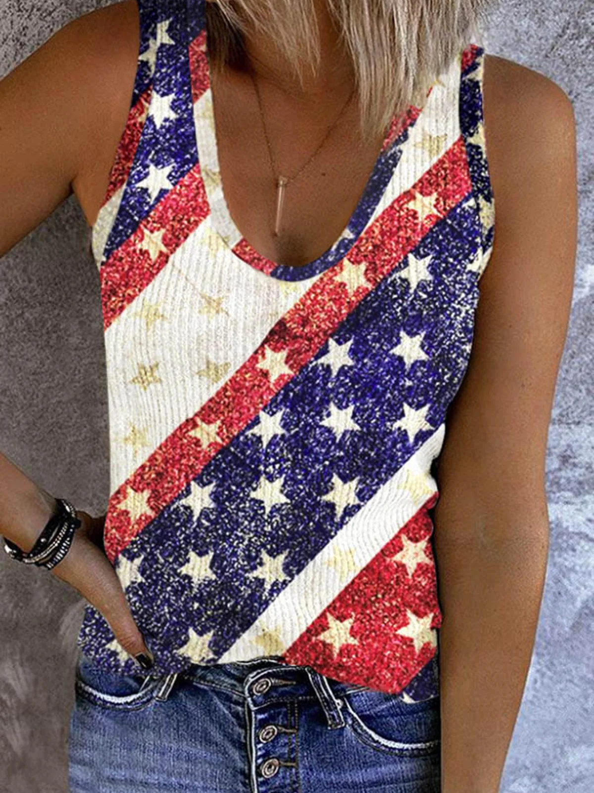 

2023 Summer American Flag Color Block Star Ribbed Tank Women Vest Seamless Streetwear Sleeveless Casual Tops Female For Ladies