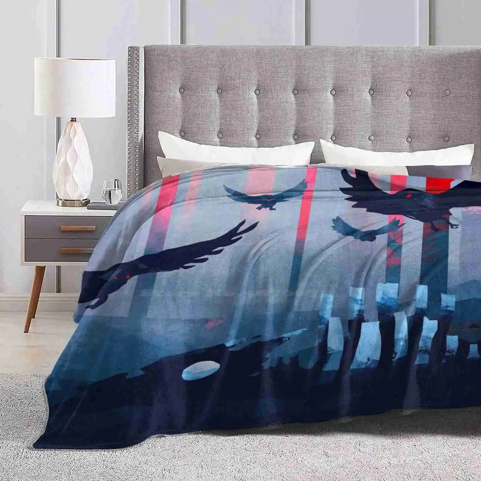 Blue Stone Landscape Soft Warm Throw Coperta Bird Raven Blue Red Black Stones Free Skull Bones Ribs Dark Calming Good Vs