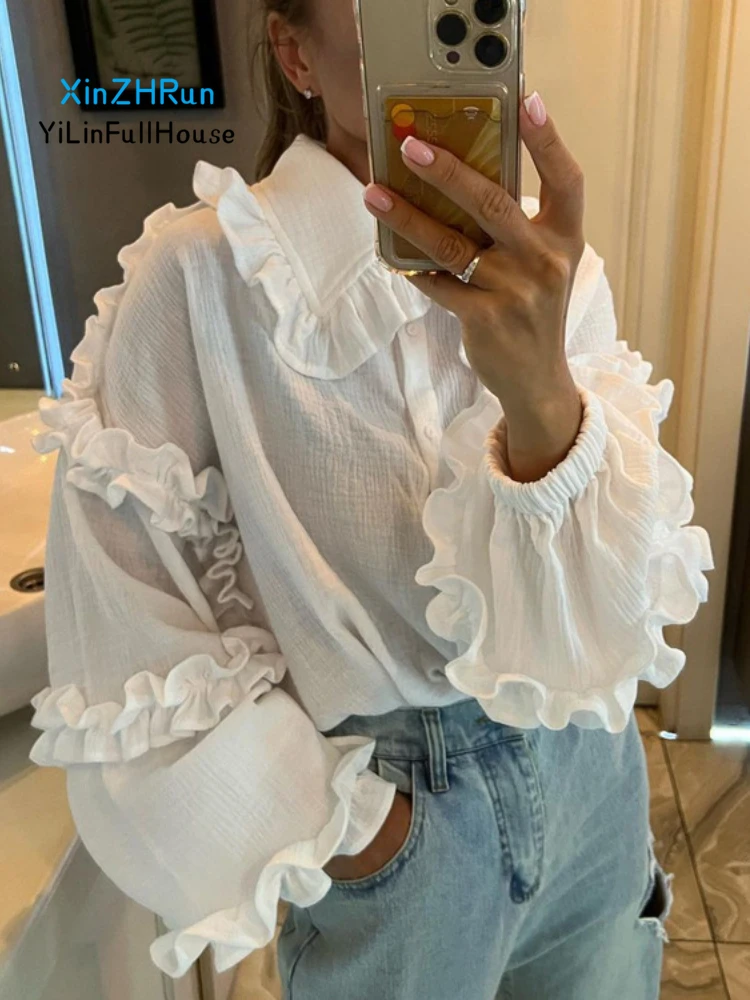 New Women Fashion  Elegant Doll Neck Palace Lantern Sleeves Single Breasted Women's Long Sleeved Solid Color Casual Cotton Shirt