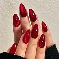 24pcs Glossy Red Cat's Eye Press On Nails Full Cover Nude Color Wearable Almond False Nails Charms Detachable Fake Nail For Girl 1