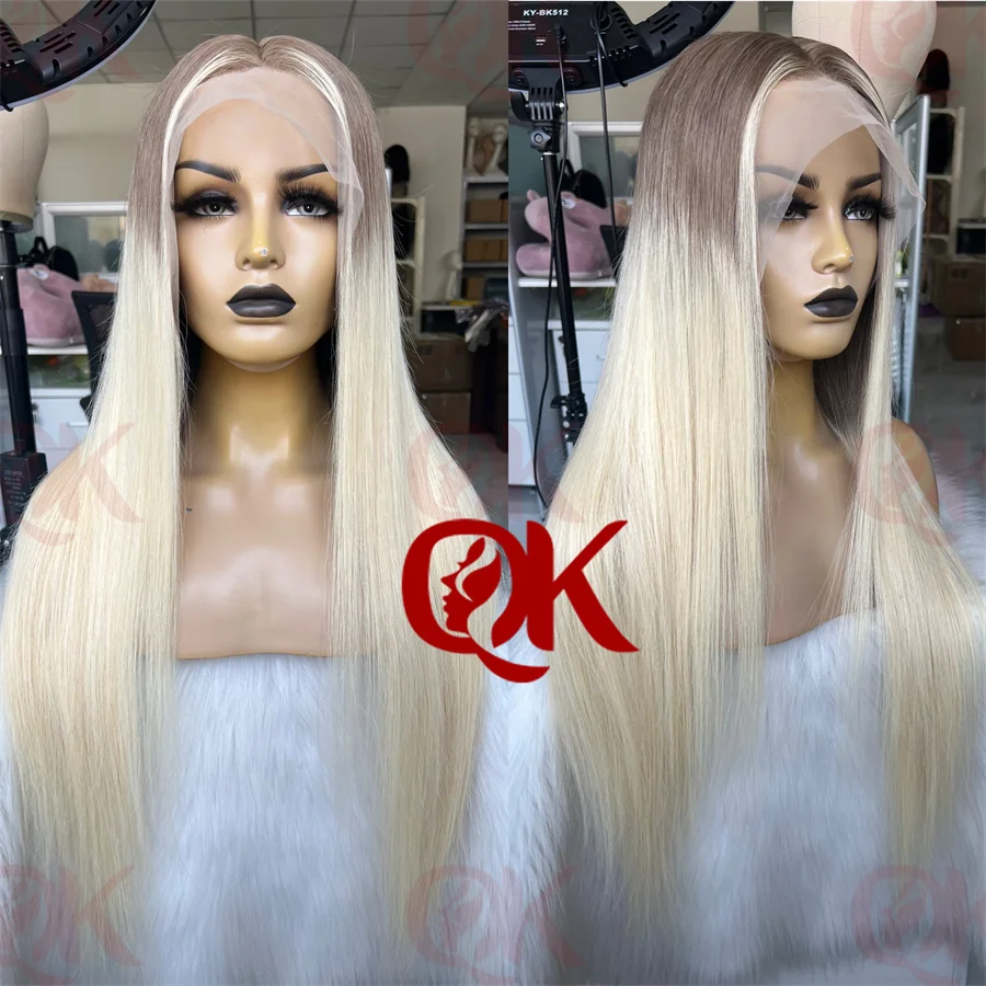 

QueenKing hair 13*6 Wig 180% Density Ombre ASH Blonde Lace Front Wig Silky Straight Preplucked Hairline Brazilian Human Hair