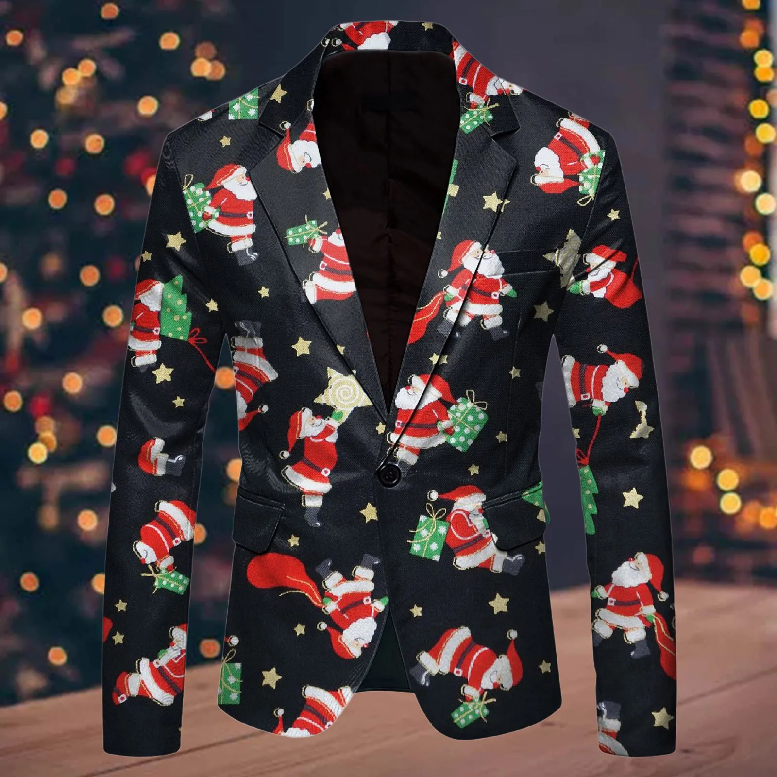 Men Christmas Snowflake Santa Claus Printed Pocket Lapel Singel Button Suit Shiny Glitter Jacket Festival Stage Party Clothes