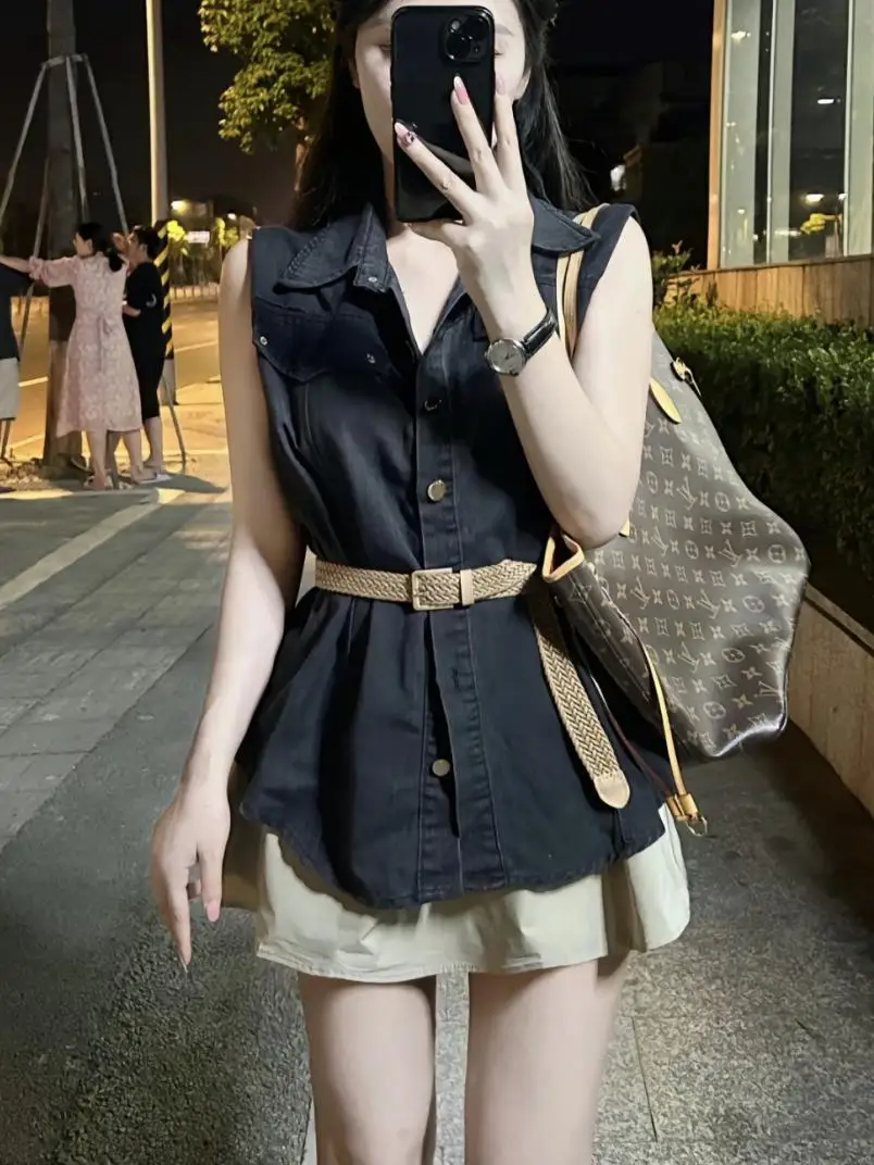 Denim Suit Vintage Korean Elegant High Waist Belt Mini Skirt And Sleeveless Denim Top Two Piece Set Y2k  Fashion Clothes Women
