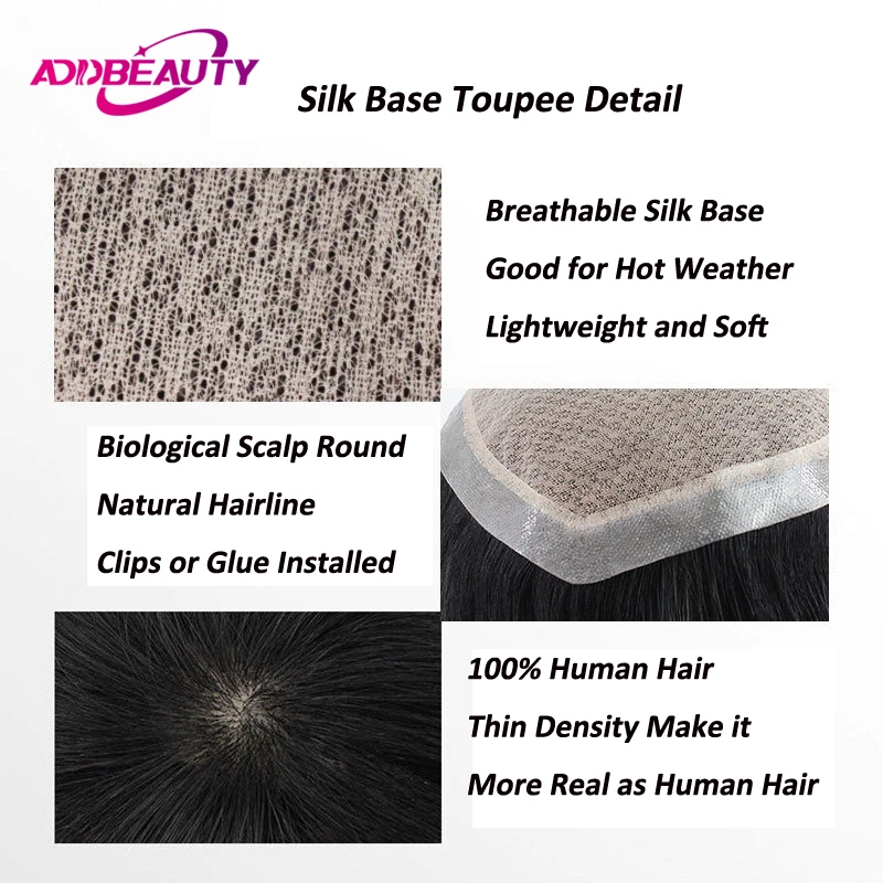Silk Base Men's Capillary Prosthesis Swiss Lace PU Base Man Toupee 100% Remy Human Hair Wigs Straight Hair System Natural Hair 6