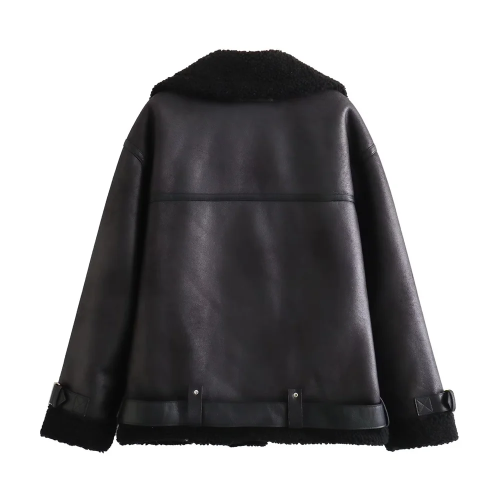 UNIZERA 2023 Autumn/Winter New Women's Wear New Fashion Casual Loose Versatile Leather and Fur One Piece Jacket Coat 4