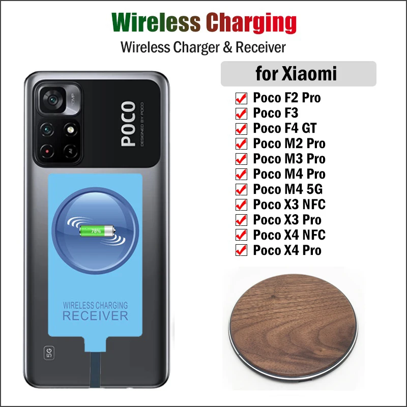 Walnut Wood Wireless Charger RZW001&External Receiver 5W Adapter For Xiaomi Poco F4 F3 F2 Pro M3 M4 Pro X3 X4 Pro NFC 5G 1