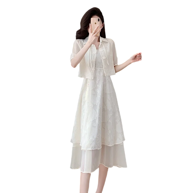 새로운 중국 스타일 Hanfu 긴 드레스 여름 2024 새로운 도착 여성의 몸집이 작은 드레스 세트 민족 의상 세련된 복장