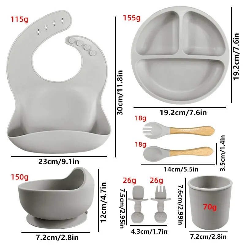 8PCS Kids Feeding Tableware Set Learn to Eat Training Fork Spoon Baby Dinner Plate Bib Complementary Food Suction Cup Bowl Set_voghion.com