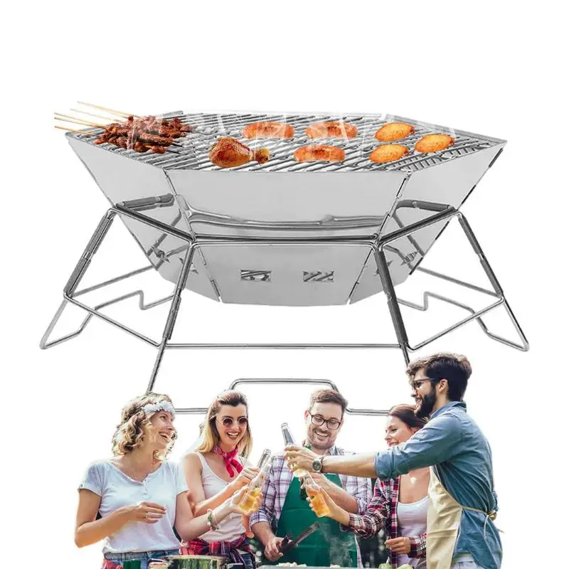 

Wood Burning Camp Stove Stainless Steel Campfire Pit Grill Packable Outdoor Hexagonal Camping Fire Pits Collapsible Backpacking