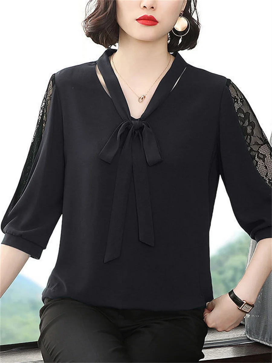 Women Spring Summer Style Blouses Tops Lady Casual Bow Tie Colloar Half Lace Sleeve Loose Tops