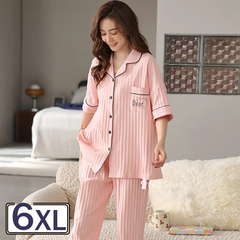 Pijamas de algodón de talla grande para mujer, de Casa de pantalones cortos de marinero, conjunto de dos piezas, ropa de dormir de tamaño para el 5XL, 6XL, | -