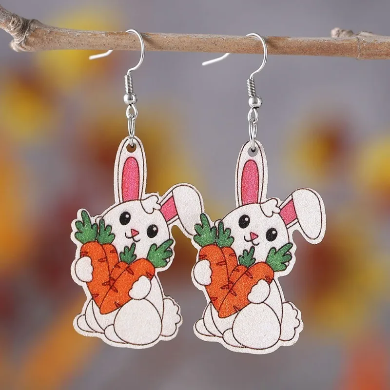 

New Easter Carrot Rabbit Earrings Double sided Wooden Earrings Personalized Festival Earrings