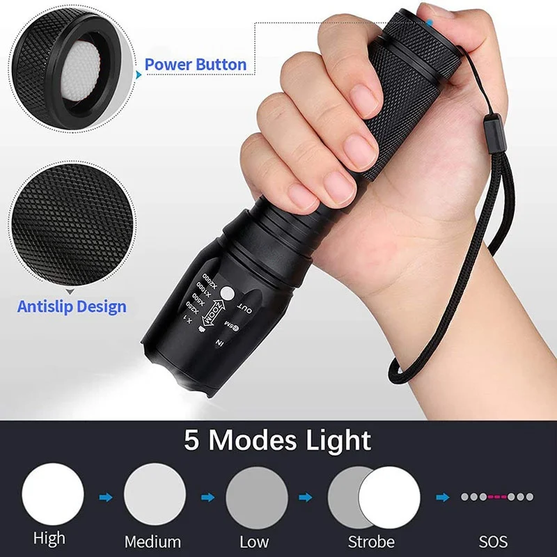 High Power Led Flashlights Camping Torch 5 Lighting Modes Aluminum Alloy Zoomable Waterproof Use 3 AAA Batteries