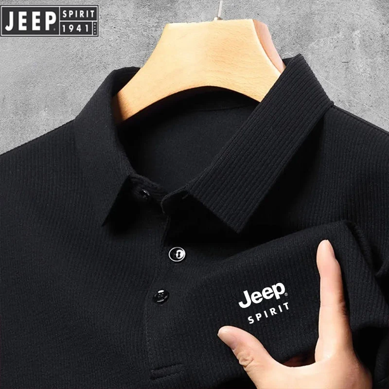 Polo Shirt Embroidered JEEPSPIRIT Autumn Waffle Fabric Polo Shirt Men's Breathable Top Business Casual Long Sleeved Polo-shirt for Men
